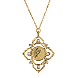 American Coin Treasures Pendant Necklace with Queen Elizabeth II 1/2 New Penny Great Britain Coin | Victorian Style Goldtone | 21 Inch Rope Chain with Lobster Claw Clasp | Certificate of Authenticity