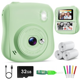 Hangrui Kids Camera Instant Print, 2.0'' Instant Camera for Kids with 32GB Card & Print Paper, 14MP 1080P Kids' Digital Cameras, Christmas Birthday Gifts Toy for Girls & Boys Aged 3-10 -Green