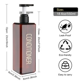 Shampoo and Conditioner Dispenser Shower Soap Bottles 3 Pack 550ml/18.6oz Refillable Shampoo Pump Bottle Dispenser Plastic Empty Body Wash Dispensers with Stylish Permanent Labels for Bathroom (Brown)