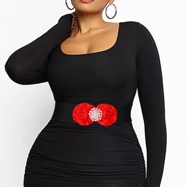 Wriidy Wide Stretchy Belt White Flower Belt Women Black Fancy Pearl Elastic Waist Belts for Dress, Red, Medium