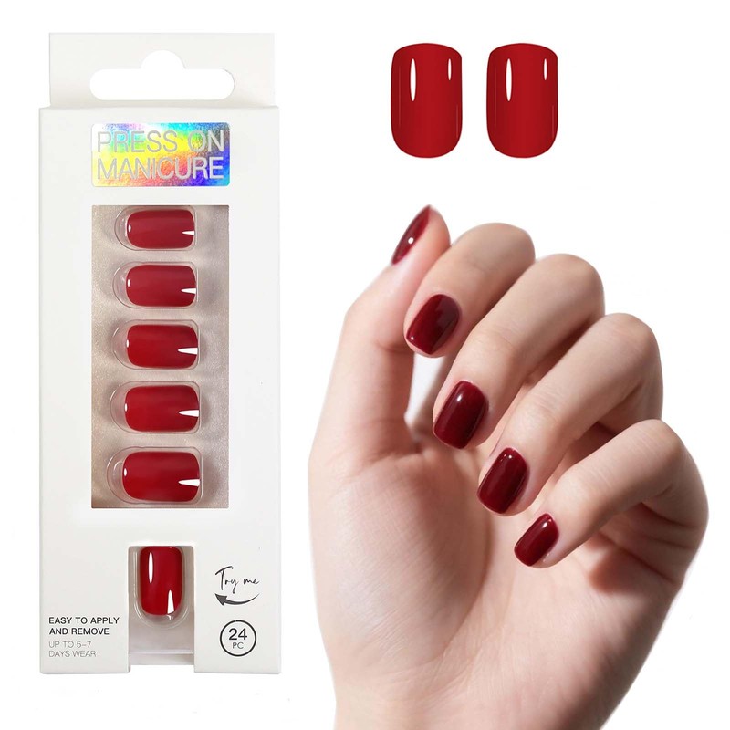 ONPRESS 24 Uñas Postizas Rojas Cortas Cuadradas Autoadhesivas, Sin Pegamento,