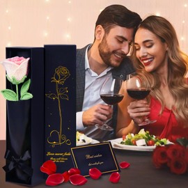 WuikerDuo Crocheted Flowers Birthday, Eternal Infinity Roses for Families, Mum, Girlfriend, Wife, Handmade Knitted Roses, Artificial Plant, Living Room, Office, Car Decoration (Colour Gradient Pink)