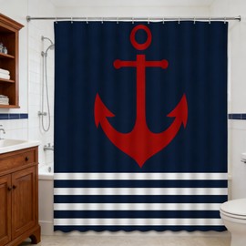 UEAUUN Navy Blue and White Striped Shower Curtain Anchor, 70x70 Inch