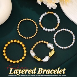 Yean Pearls Chunky Bracelets Gold Stackable Bracelet Set Summer Hand Chain Accessories for Women, One size, /, No Gemstone