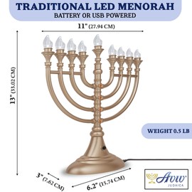 Aviv Judaica 2-Pack Traditional Electric Hanukkah Menorahs Matte Gold Battery or USB Powered Chanukiah Menorat 4' Micro USB Included Chanukah Candle Lights LED Hanukah Decor Minorahs