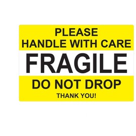 2" x 3" Yellow Fragile Stickers Handle with Care Thank You Water Proof Stickers (50 Stickers)