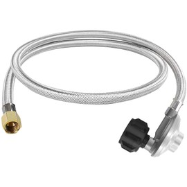 MOFLAME Regulador de propano QCC1/tipo 1 de 90 grados y manguera trenzada de acero inoxidable de 4 pies, para dar un destello macho de 3/8 pulgadas a boquillas NPT macho de 1/8 pulgadas para parrilla de mesa, mesa de chimenea, estufa individual de hierro