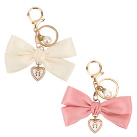 Mikovivi 2pcs Bow Purse Keychain, Key Chains Bow Keychains Purse Charms Bow Cute Keychain for Car Keys Purse Handbags Women Girls Gift DIY Crafts Accessories (White, Pink)