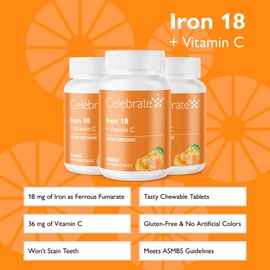Celebrate Vitamins Iron Supplement with Vitamin C - 18mg Iron, 36mg Vitamin C, Bariatric Vitamins for WLS Patients, Vertical Sleeve & Gastric Bypass Surgery – Tangerine, 90 Chewable Tablets | Celebrate Bariatric Supplements
