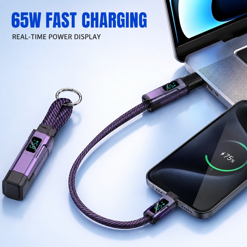 2-Pack 4-in-1 65W Keychain Charging Cables with Digital Power Display