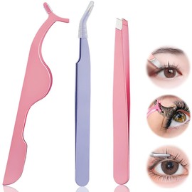 False Eyelash Tweezers Set of 3 Eyelash Tweezers Lightweight for Beginners Multi-functional Eyelash Assistant Folder Eyelash Assist Beauty Tool (1 x Incline False Eyelash Clip Pink + 1 Curved Eyelash