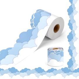Azurestore 65.6 Feet Bulletin Board Borders, Classroom Colorful Border,Blue and White Coulds Die-Cut Border Trims Bulletin Board Scalloped Borders for School, Office, Party Decoration