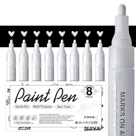 White Paint Pen for Art - 8Pack Acrylic White Paint Marker for Rock Painting, Stone, Wood, Canvas, Glass, Metal, Metallic, Ceramic, Tire, Graffiti, Paper, Drawing, Highlight Water-Based Paint Sets