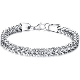 LEEQBCR 1 x Men's Stainless Steel Bracelet for Men Bracelet Chain Made of Stainless Steel Silver Black Curb Chain Bracelet for Men Boys Heavy Links Link Chain Bracelet, silver