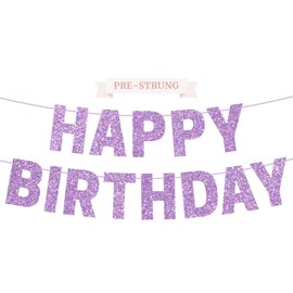 Pre-strung Happy Birthday Banner - No DIY - Purple Glitter Happy Birthday Party Banner for Girls & Women - Pre-strung on 8ft Strands - Light Pastel Purple Bday Party Decorations. Did We Mention No DIY