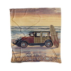 Northwest Art Mall Newport Oregon Car with Surfboard Ultra Fleece Bed Sofa Travel Cozy Blanket from Travel Artwork by Artist Paul A. Lanquist 50" x 60".
