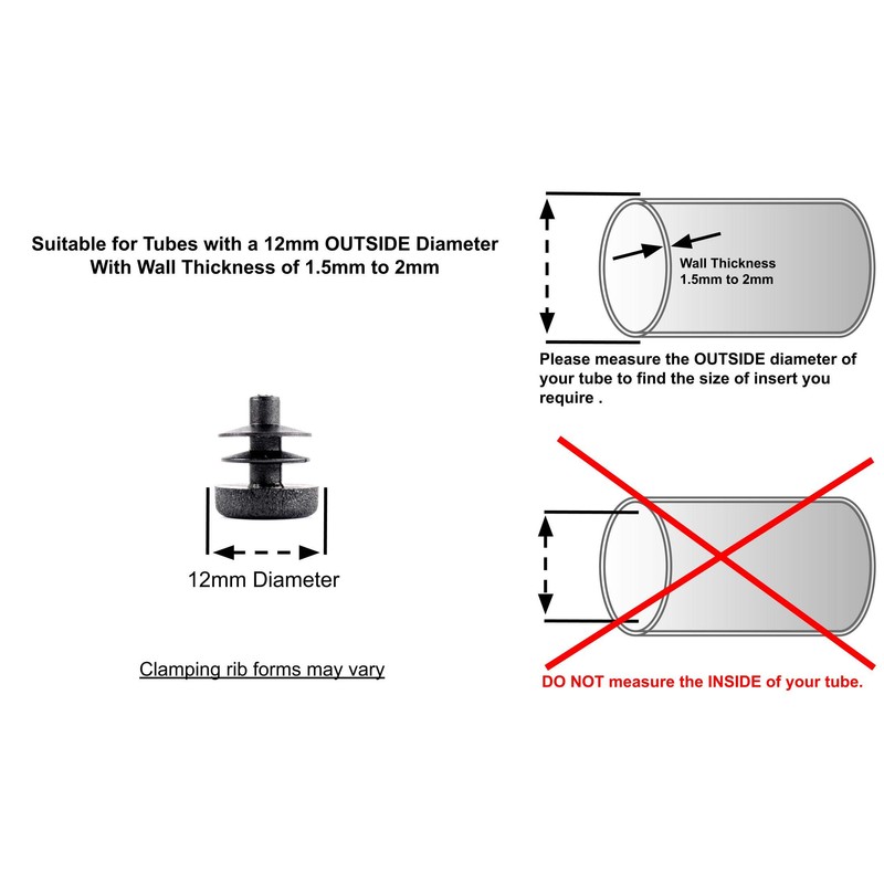 12mm Plastic End Caps, Black Round Tube Inserts, Pack of