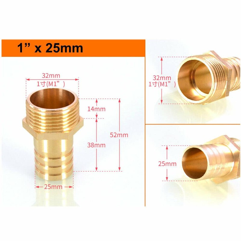 3PCS Brass Barbed Hose Fitting Coupler Connector 25mm to 1”