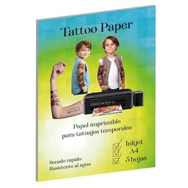 Papel para Tatuajes Temporales, A4, 5 Hojas, Compatible con Impresoras de Inyección de Tinta, Resistente al Agua
