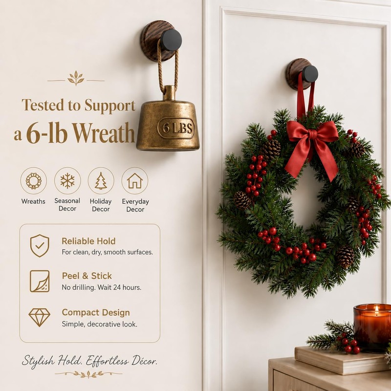 Wreath Hangers for Front Door, 3-Pack Walnut Adhesive Hooks
