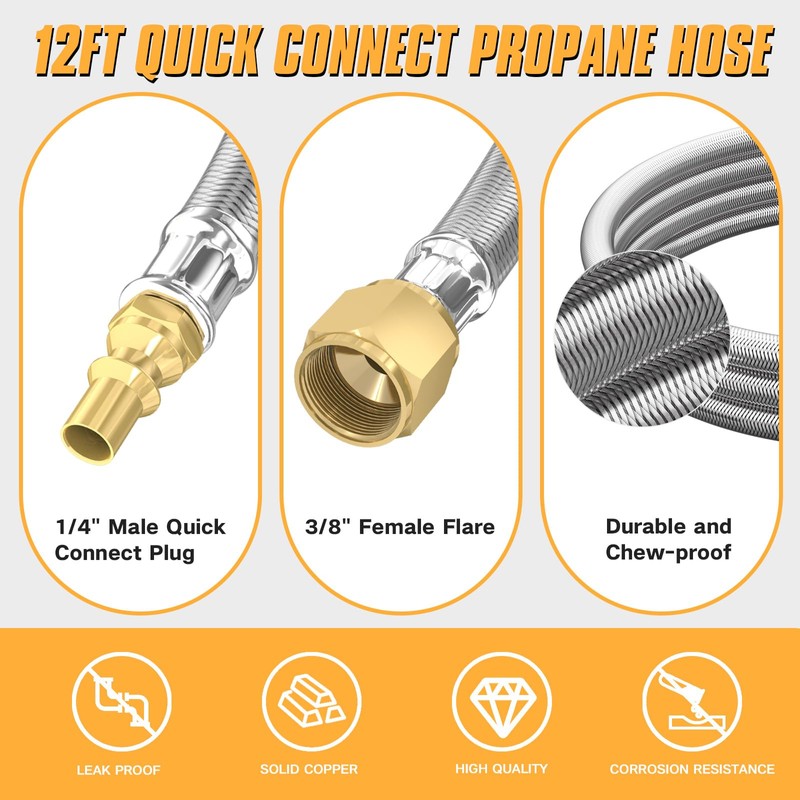 12FT RV Quick Connect Propane Hose with 1/4" Safety Shutoff