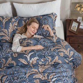 EWlinens Comforters King Size, Bedding Comforters Sets, 100% Cotton, Vintage Damask Floral Pattern King Comforter Bedding Set, 3 Pieces, 90" × 104", Navy/Beige