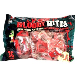 Bloody Bites Glow In The Dark Plastic Fangs With Oozing Candy Blood Bags Watermelon Flavor 36 Count Bag