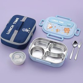 Kaseo Bento Box for Kids/Adults, 304 Stainless Steel insulated 4 Compartments lunch box with Soup Bowl, Thermal Bag, Spoon and Fork, Leak-Proof, Microwavable, 5 Colors (Blue)