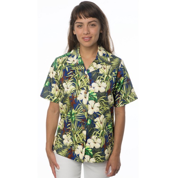 Benny's Camisa hawaiana de hibisco y hojas de palma para mujer, Azul Marino, 4X