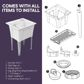 Standing Utility Sink with Steel Legs – 24” Space Saver Utility Sinks for Laundry Room, Garage, Garden, Basement – Noah William Home Indoor and Outdoor Basement Wash Tub (WHITE)