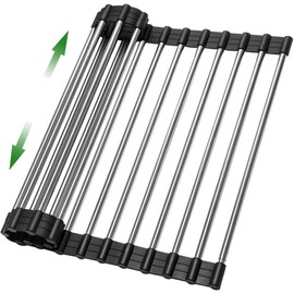 Expandable Large Roll Up Dish Drying Rack 18 Tube 21.25x12.79''Collapsible Over The Sink Rack Non-Slip Silicone Rolling Dish Drainer SUS304 Stainless Steel Roll Rack for Kitchen Sink Counter (Gray)