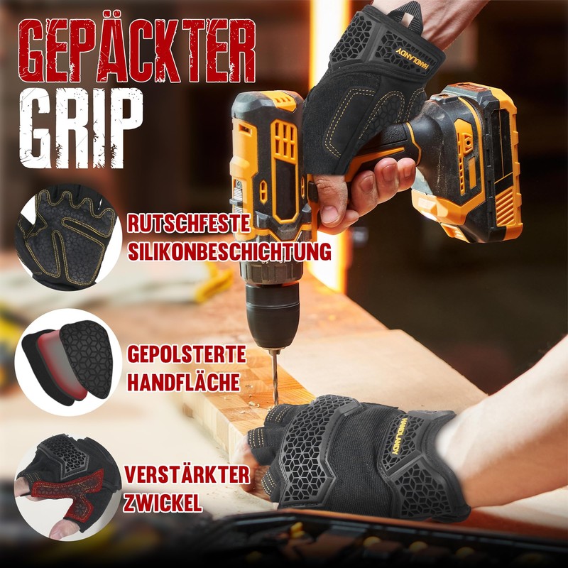 HANDLANDY Fingerless Work Gloves for Men Women, Padded, Non-Slip, Shockproof,