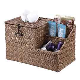 BTSKY Household Seagrass Facial Tissue Box With Two Side Storage Pockets (Coffee)