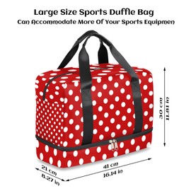 Polka Dot Sports Gym Bag with Shoes Compartment, Red and White Polka Dot Travel Duffel Bag Tote Weekender Bag Overnight Bag Workout Bag for Women Men Boys Girls