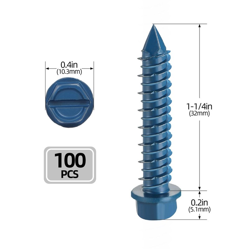 1/4" x 1-1/4" Concrete Screws, 100 PCS Blue Hex Washer