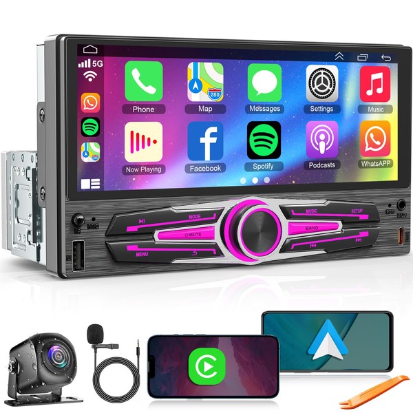 Single DIN Car Radio with Wireless CarPlay & Android Car,