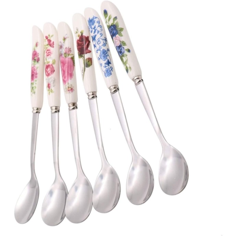6 Pack Stainless Steel Coffee Spoon Ceramic Handle Teaspoon Sugar