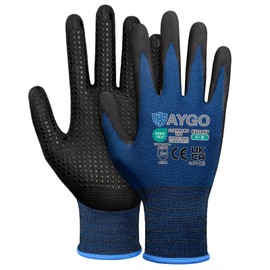 KAYGO 12 Pairs of Work Gloves with Grip Nubs for Non-Slip Grip, KG19N, Nitrile Coated, Light Oil Resistant, Nylon Protective Gloves for Work, Car, Warehouse (Navy Blue, M, Size 8)
