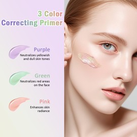 Jutqut 2PCS 3 In 1 Color Corrector Primer Before Makeup, SPF 50 Sunscreen Isolation Cream, One-Step Face Primer with Oil Control Moisturizing Brightening Skin Tone, Lightweight Color Correcting Serum