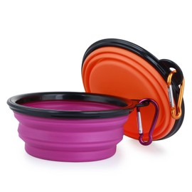 Dog Bowl Pet Collapsible Bowls, 2 Pack Collapsible Dog Water Bowls for Cats Dogs, Portable Pet Feeding Watering Dish for Walking Parking Traveling with 2 Carabiners (Small, Orange+Purple)