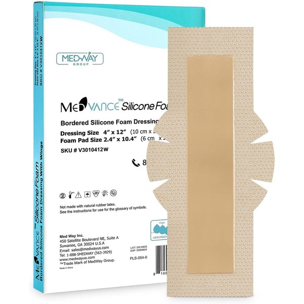 MedVance TM Silicone - Bordered Silicone Adhesive Foam Dressing Size 4"12" w/Wings (2.4"x10.4" Pad), Box of 5 dressings