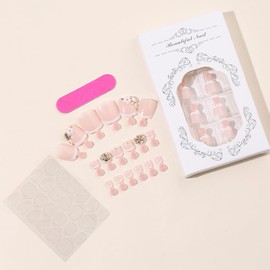 24 Pcs White French Press on Toenails Short Square Pink Fake Toe Nails Press Ons with Summer 3D Flower Rhinestone Charms Design Full Cover Acrylic Toe Nail Tips Glue on Toe Nails Kit for Women