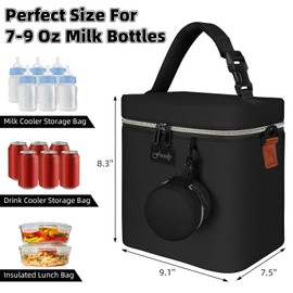 Fxady Breastmilk Cooler Bag with Ice Pack, Insulated Baby Bottle Tote Bag for 6 Bottles Up to 9 oz, Clip-On Pouch for Baby Essentials, Leakproof, Waterproof, Shoulder Strap for Nursing Moms, Black