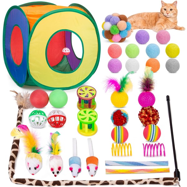 Retro Shaw Cat Toys Set, Interactive Cat Kitten Toys for Indoor Cats Kitty with Collapsible Cat Play Tunnel Tube Tent Cat Feather Wand Teaser Cat Bell Fuzzy Ball Springs Mouse Toys