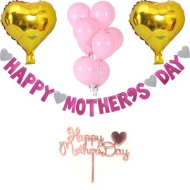 Happy Mother’s Day Decorations Glitter Pink Purple Banner, 2pcs Gold Heart and 15pcs Round Balloons