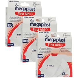 100pz compresse di garza sterile mis. 10x10 cm, idrofila di puro cotone 100% per la medicazione, bianca, per ferite e per disinfettare,ipoallergenico e latex free (Confezione da 3)