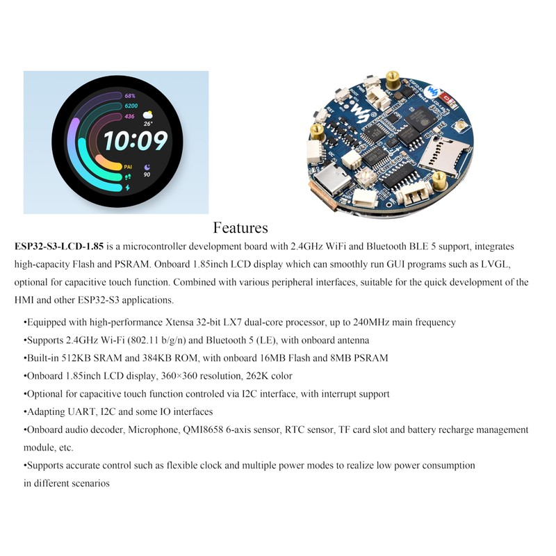 ESP32-S3 1.85inch Round Display Development Board, 360×360 IPS LCD, Dual-Core