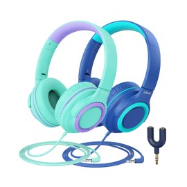 iClever [2 Pack Kids headphones for girls boys 94dB Safe Volume Limited - Wired Headphones with Sharing Splitter, Tangle-Free Foldable Stereo Headphones for School/Tablet/Travel