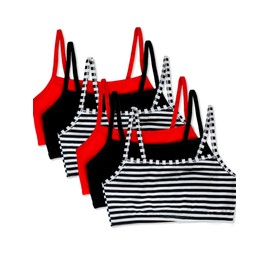 Fruit of the Loom Women's Spaghetti Strap Cotton Pull Over 3 Pack Sports Bra, Stripe/Stripe/Black/Black/Red/Red, 34