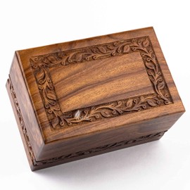 INTAJ Handmade Rosewood Urn for Human Ashes - Border Carved Wooden Urns Hand-Crafted - Funeral Cremation Urn for Ashes (L - 9", Border Carved)